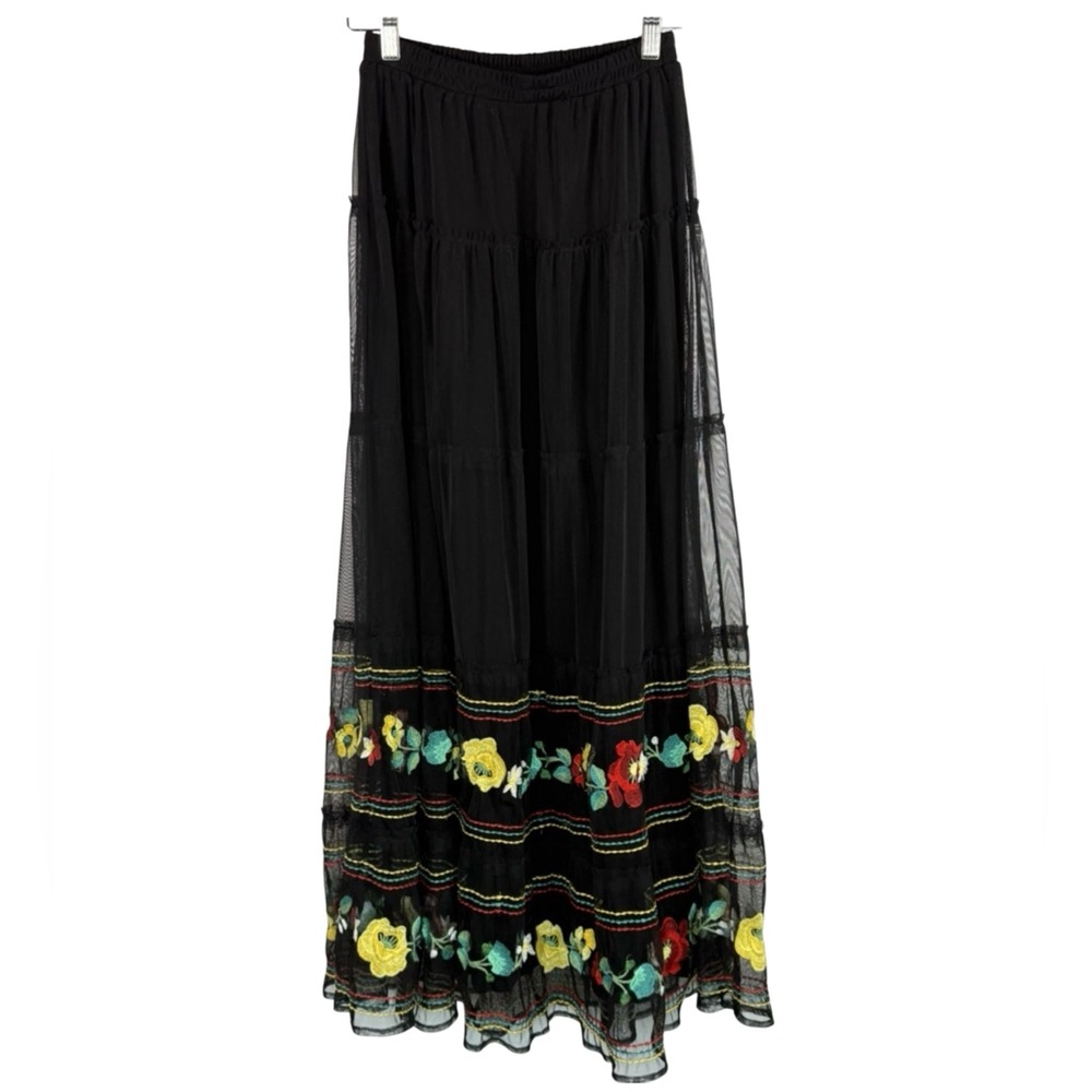 Double D Ranch Western Black Multi Linen Lace Embroidered Floral Maxi Skirt XS